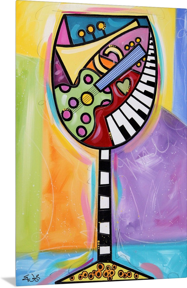 Giant, vertical contemporary painting of a large wine glass full of colorful shapes and musical instruments such as a guit...