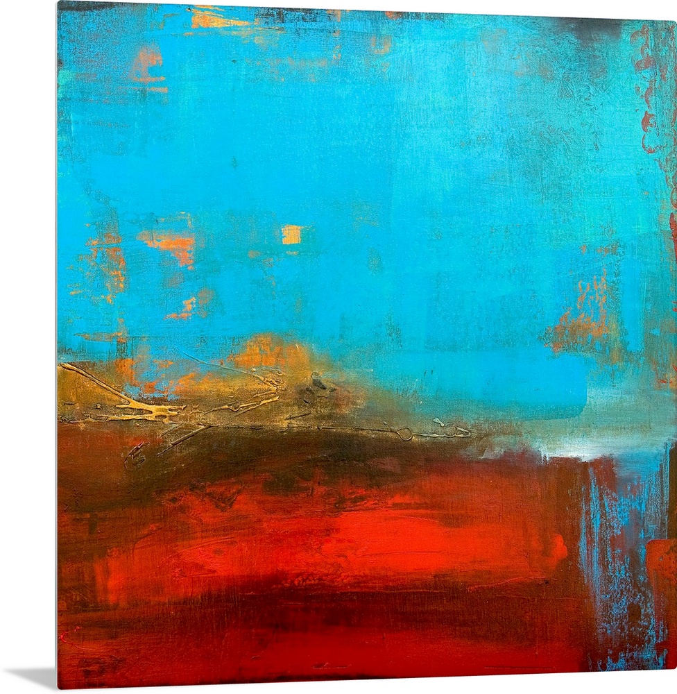 Abstract canvas painting of cool tones meeting warms tones.