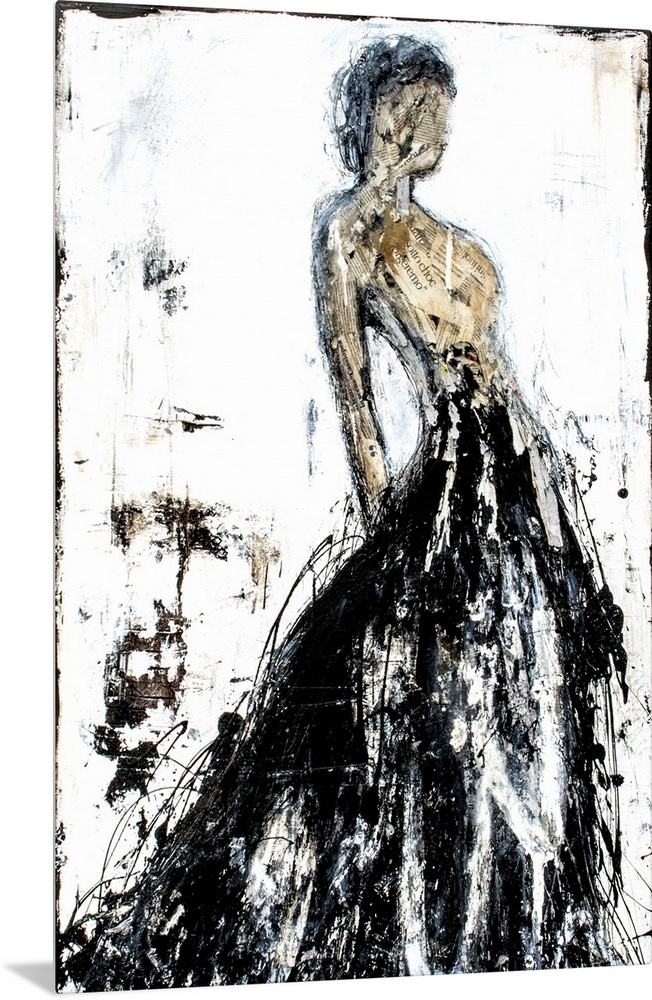 Abstract painting of a faceless woman in a long black gown with a tan body created with cut up pieces of paper, all on a d...