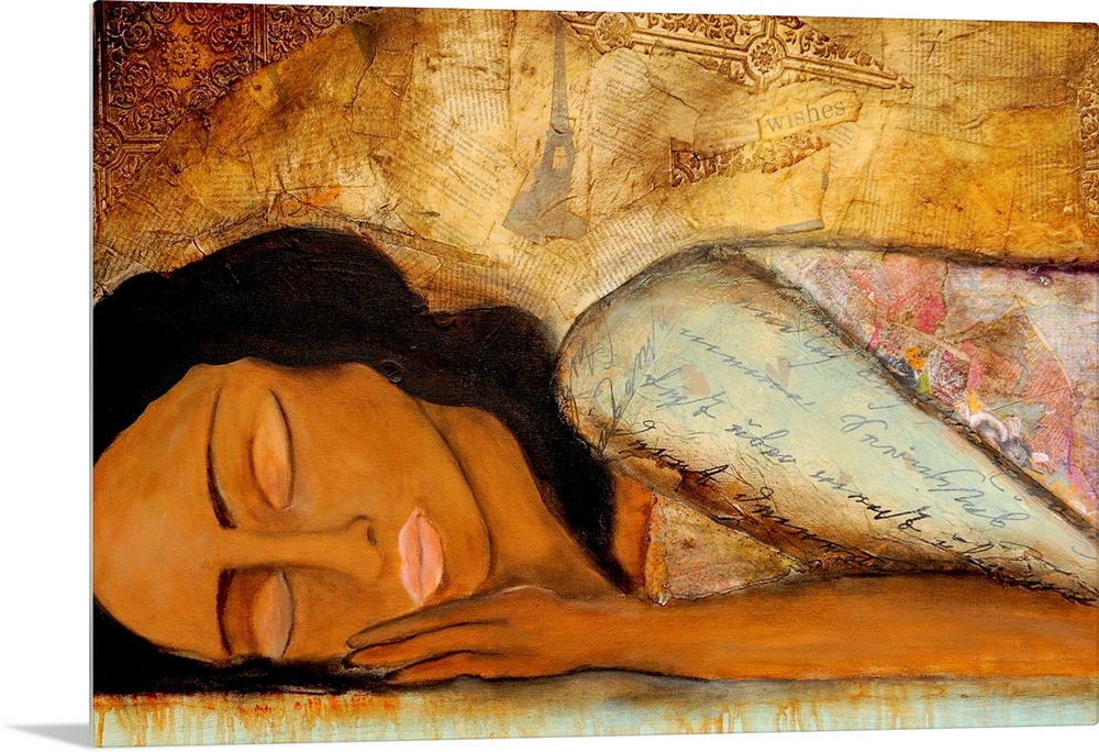 Large horizontal fine art of and African-American woman lying down with her eyes closed, on a background of golden scraps ...