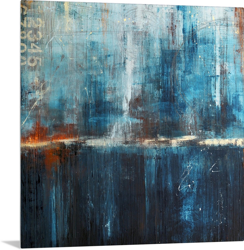 Abstract canvas art of cool tones with heavy brush textures.