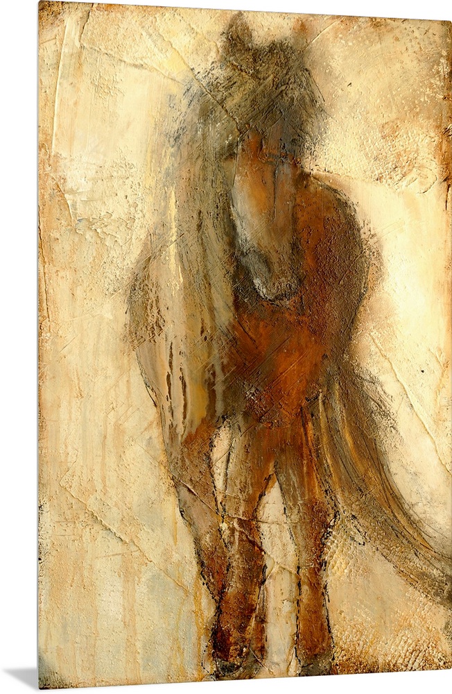 A large contemporary art piece of a horse that includes a lot of texture and warm tones.