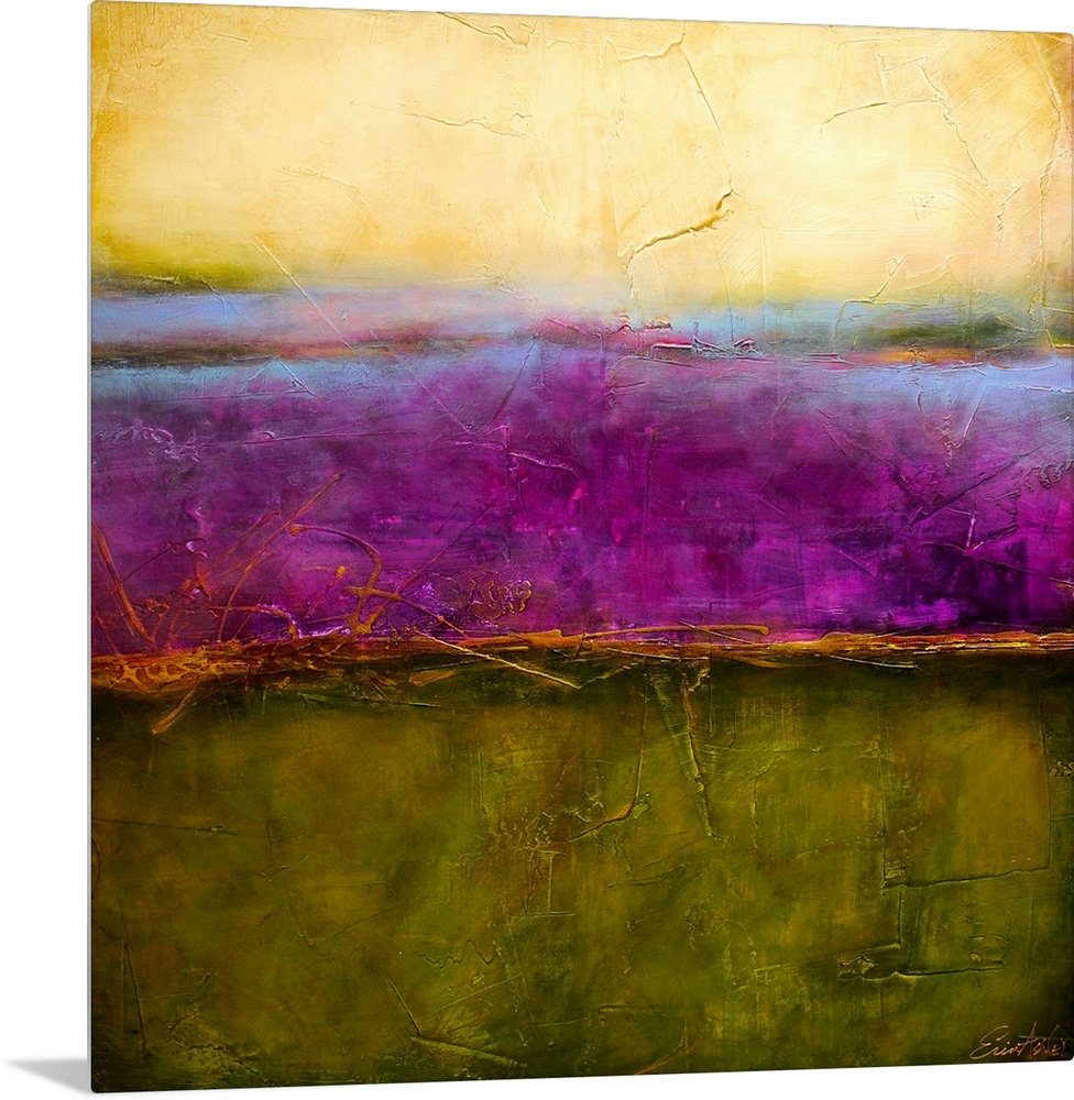 Large square artwork with three large horizontal blocks of color, sectioned apart with smaller patches of color and rough,...