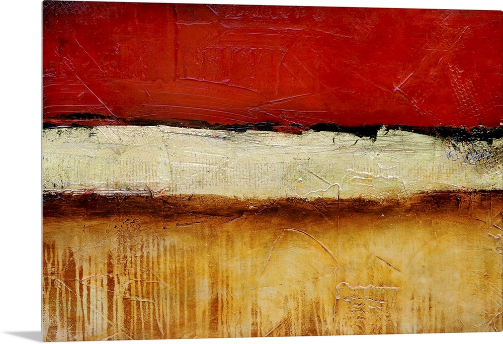 A heavily textured abstract painting of three different painting styles and colors stacked on top of each other.