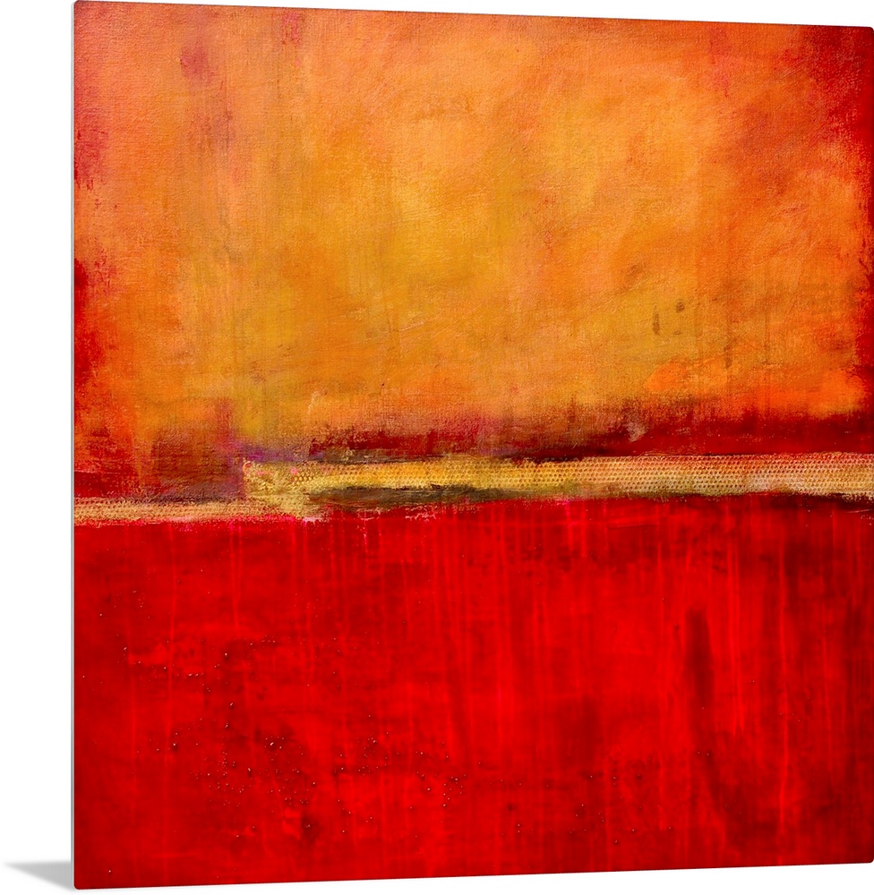 Square abstract artwork in fiery red and orange tones with simple, bold areas of color, resembling a bright sunset.