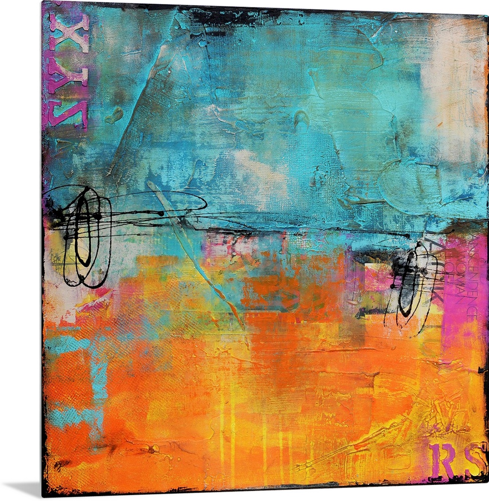 Giant abstract art almost evenly broken into two horizontal rectangles composed of two cool tones on the top and a warm to...