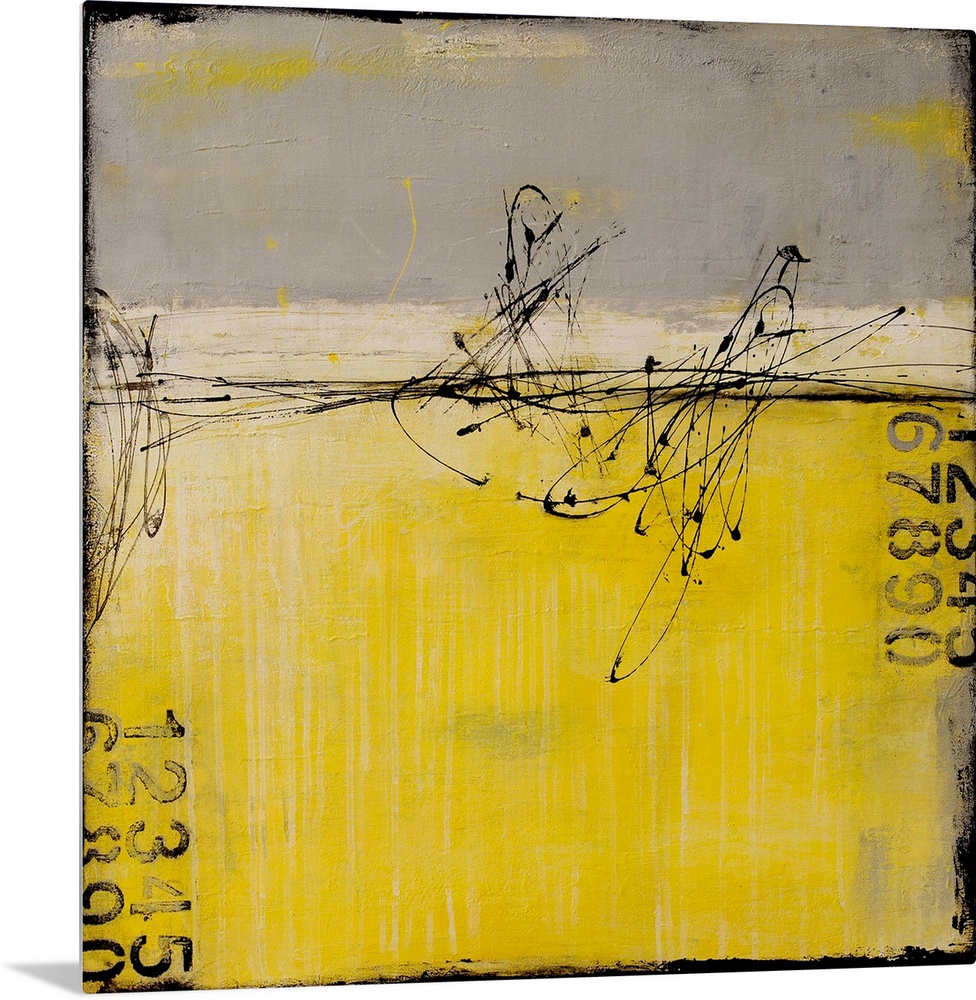 A contemporary abstract painting using gray and yellow with stenciled numbers and thin dark black swirling lines.