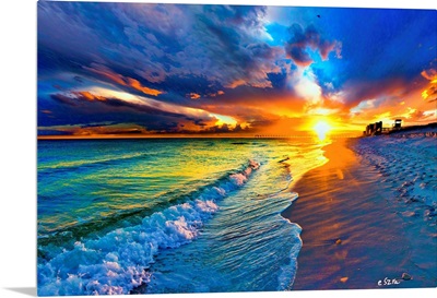 Beach Landscape-Blue Sea Waves-Yellow Sunset Burst