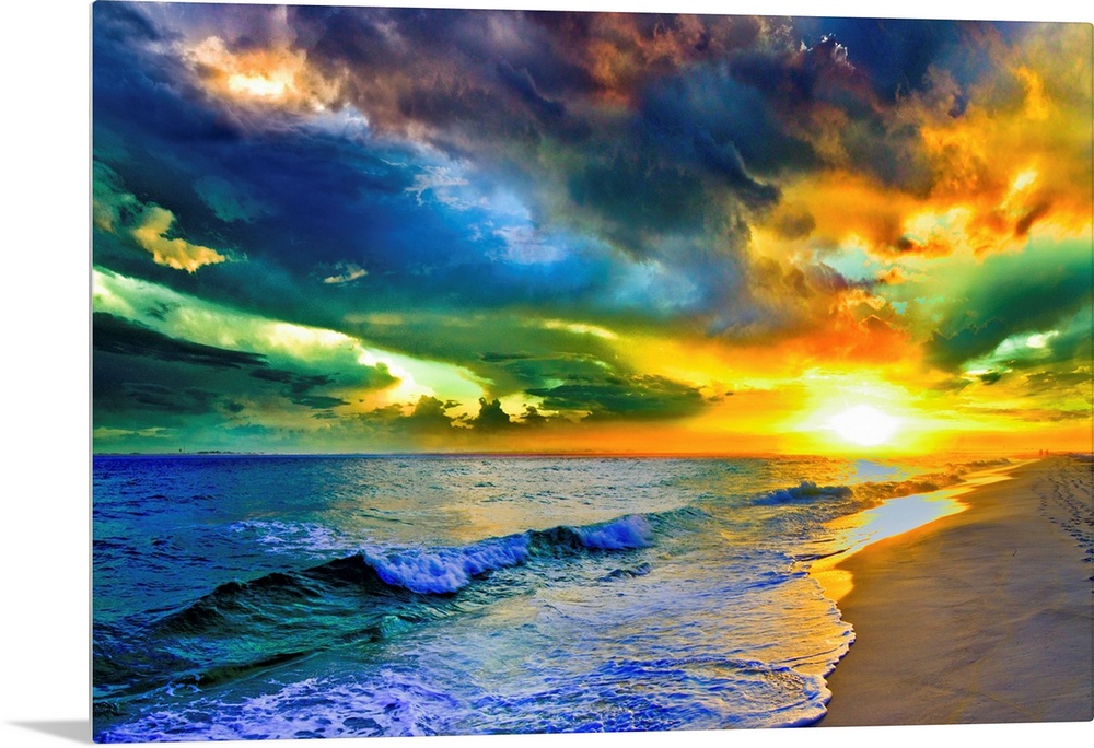 A beautiful sea at sunset in this landscape photo. A seascape with waves on the shore before a beautiful sunset with expan...