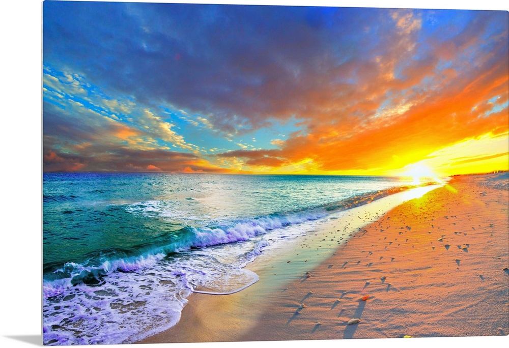 Sea shells cast shadows on the shore next to a turquoise ocean with an orange sunset on the beach.