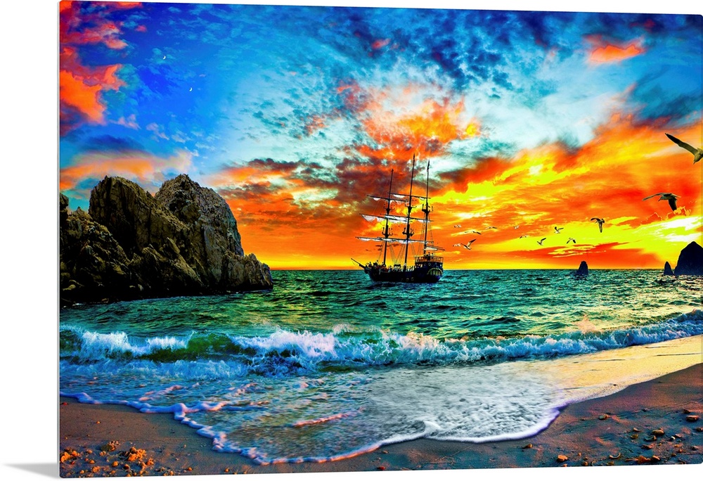 A pirate ship sailing into the sunset behind rocky cliffs. This makes a great print for any pirate ship enthusiasts you ma...