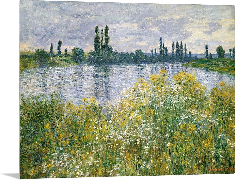 Banks of the Seine, Vetheuil, by Claude Monet, 1880, French impressionist painting, oil on canvas. In this work Monet vari...