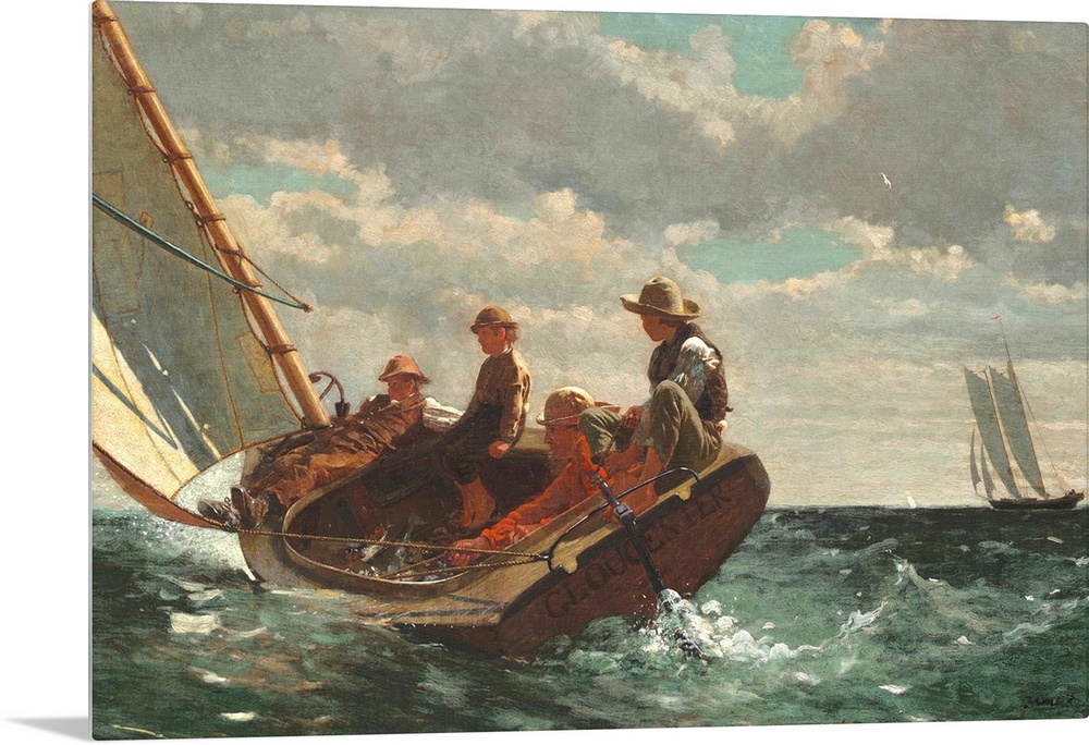 Breezing Up (A Fair Wind), by Winslow Homer, 1873-76, American painting, oil on canvas. A man, three boys, and their catch...