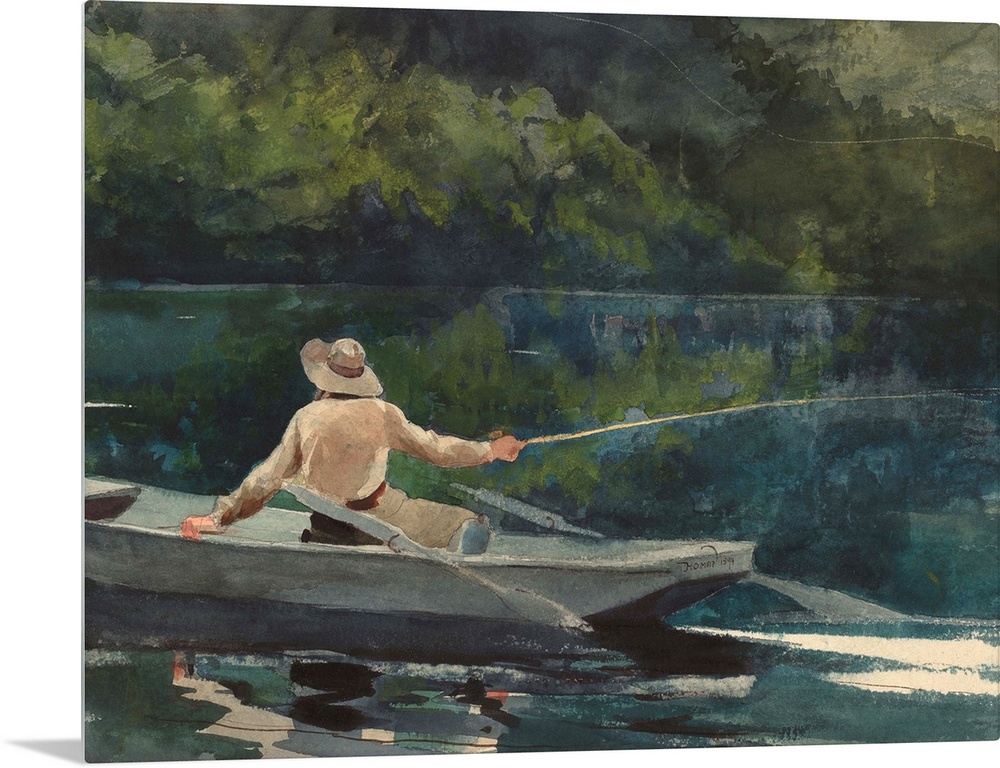 Casting, Number Two, by Winslow Homer, 1894, American painting, watercolor on paper. Homer's serene scene is still except ...