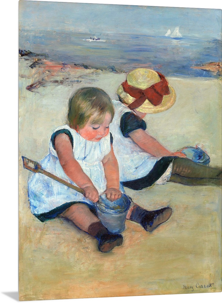 Children Playing on the Beach, by Mary Cassatt, 1884, American painting, oil on canvas. Cassatt captures the near child's ...