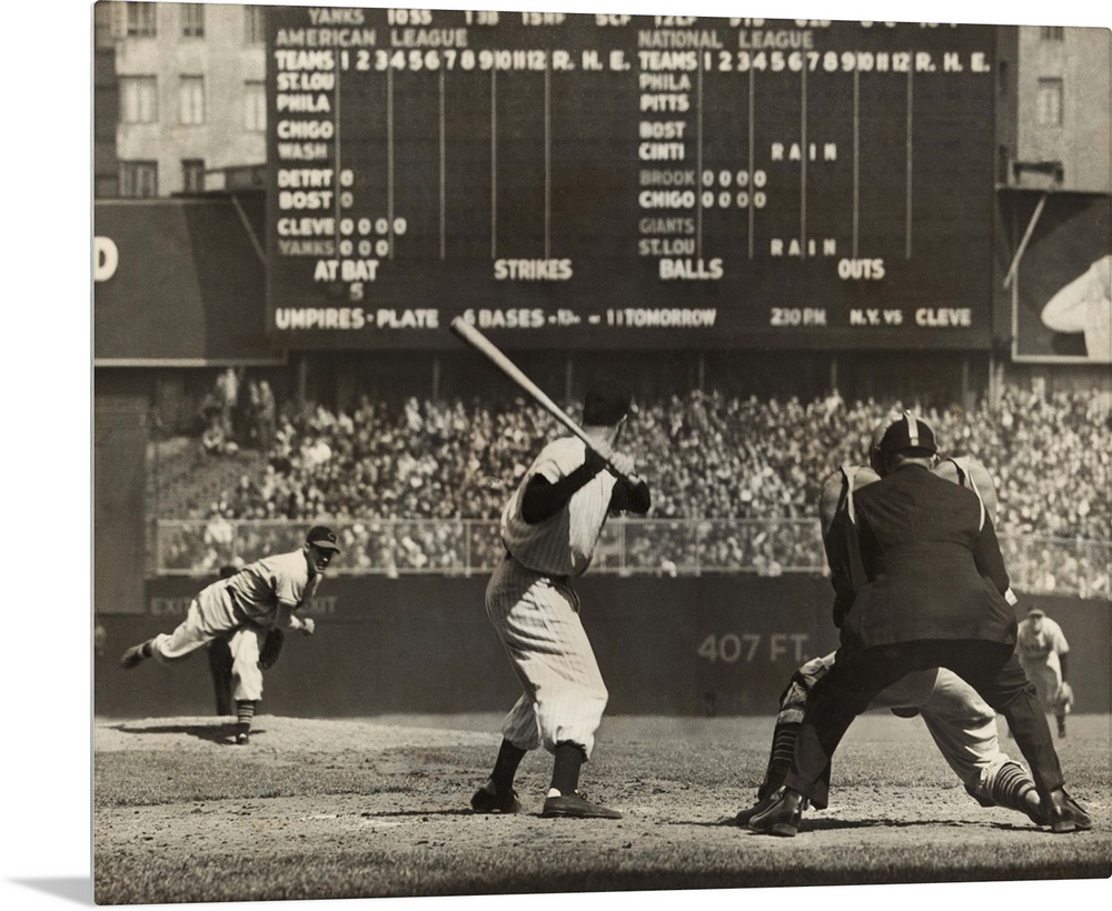 Cleveland Indians', Bob Feller, pitching to New York Yankees' Joe DiMaggio. April 30, 1946. Frankie Hayes was catching, an...