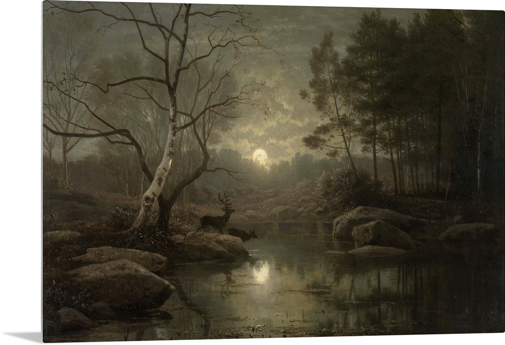 Forest Landscape in the Moonlight, by Georg Eduard Otto Saal, 1861, Dutch painting, oil on canvas. Autumn night scene with...