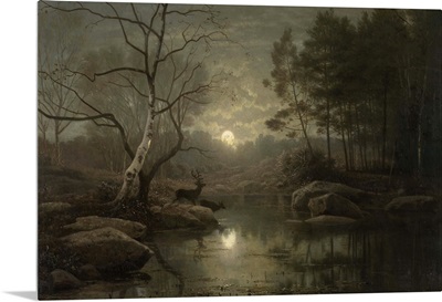 Forest Landscape in the Moonlight, 1861, Dutch oil painting