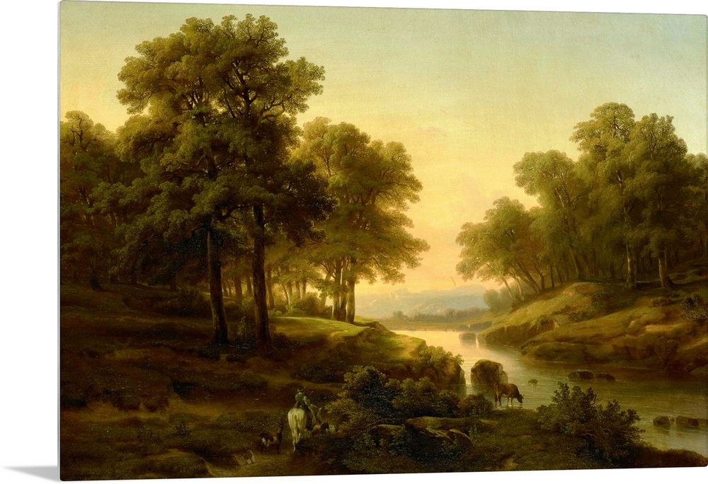 Landscape, by Alexandre Calame, 1830-45, Dutch painting, oil on canvas. Sunset reflected in a river with shepherd on horse...