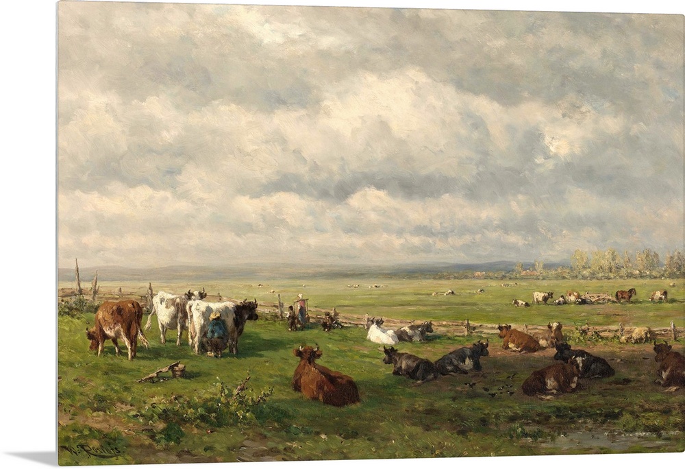 Meadow Landscape with Cattle, by Willem Roelofs 1st, c. 1880, Dutch painting, oil on canvas. Farmer milking cows in the fi...