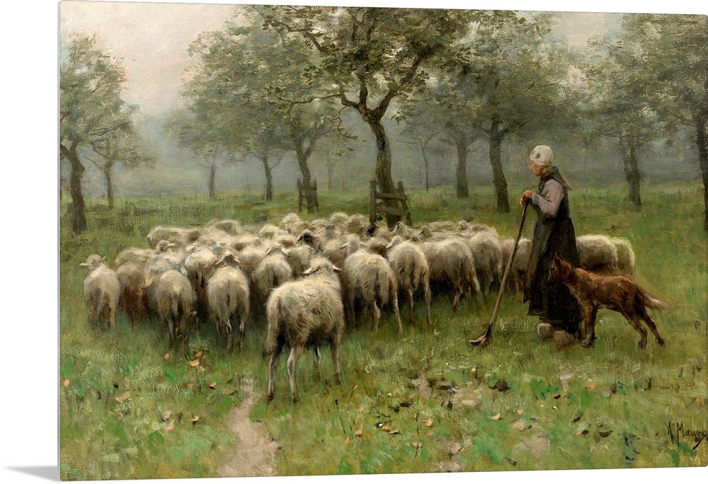 Shepherdess with a Flock of Sheep, by Anton Mauve, c. 1870-88, Dutch painting, oil on canvas. Sheep and dogs in an orchard.