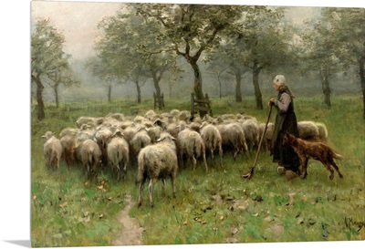 Shepherdess with a Flock of Sheep, c. 1870-88, Dutch painting, oil on canvas