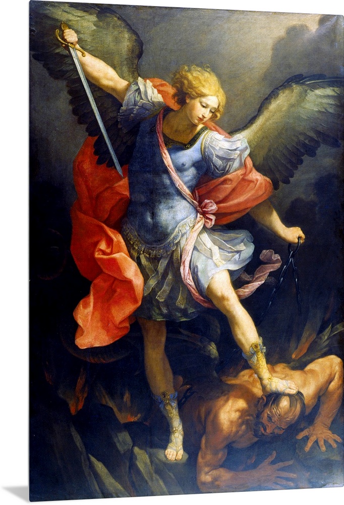 St. Michael the Archangel, by Reni Guido, 1635, 17th Century, originally oil on silk. St. Michael stepping on Devil's head...