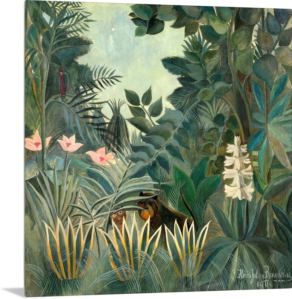 The Equatorial Jungle, by Henri Rousseau, 1909, French painting, oil on canvas. Henri Rousseau was a clerk in the Paris to...