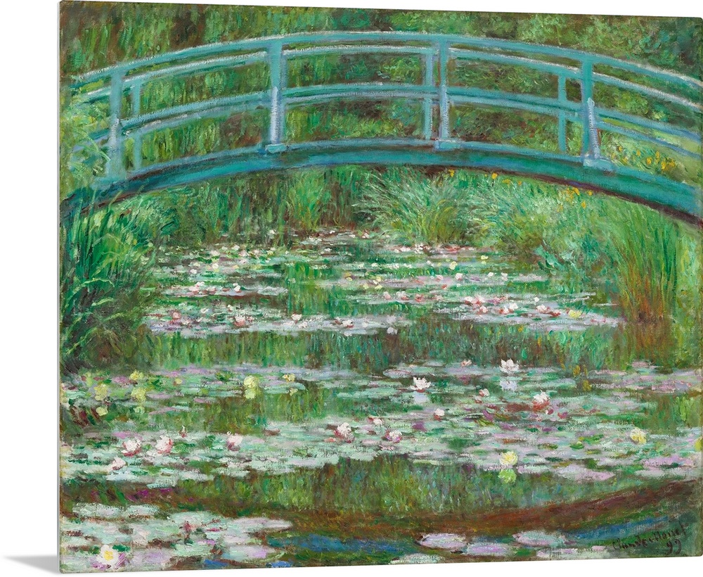 The Japanese Footbridge, by Claude Monet, 1899, French impressionist painting, oil on canvas. Floating lily pads and mirro...