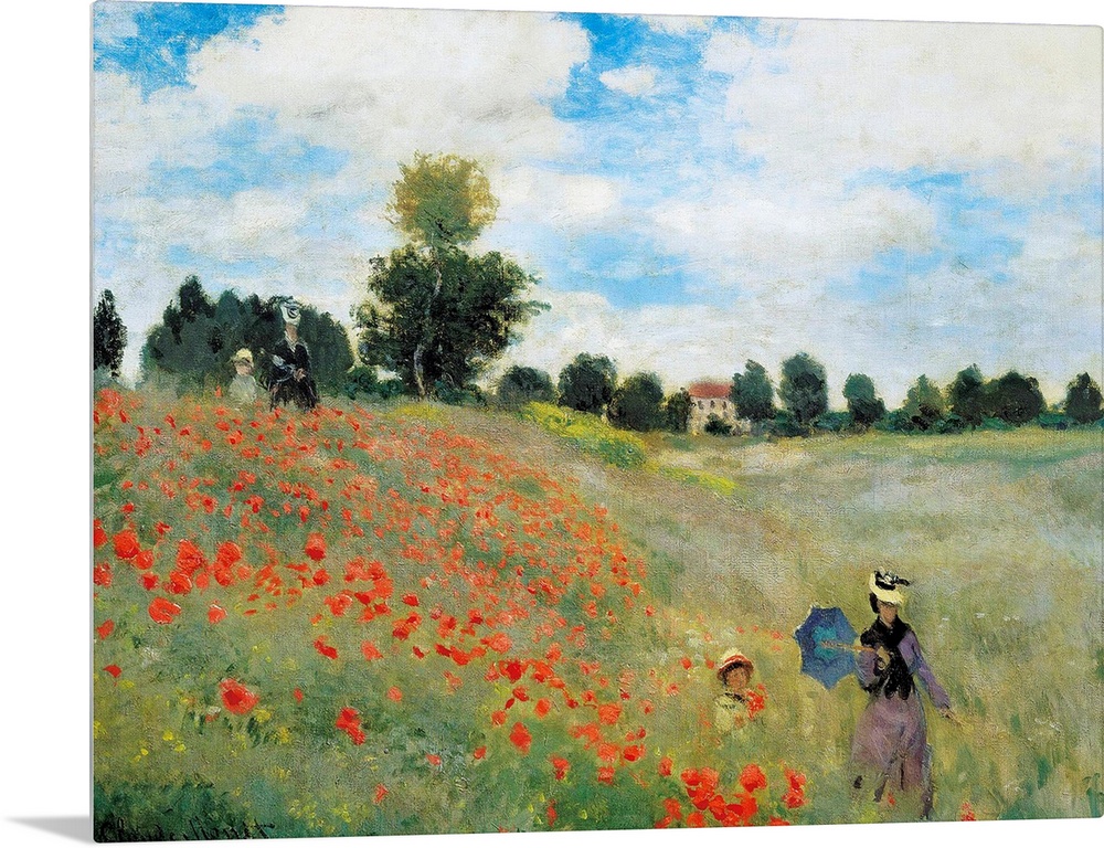 Impressionist painting by Claude Monet of a woman and child in a field of flowers.