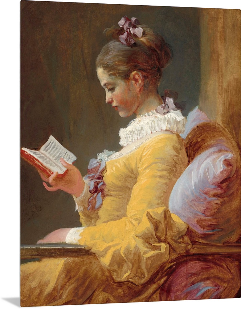 Young Girl Reading, by Jean-Honore Fragonard, c. 1770, French painting, oil on canvas. The girl's dress and cushion are pa...