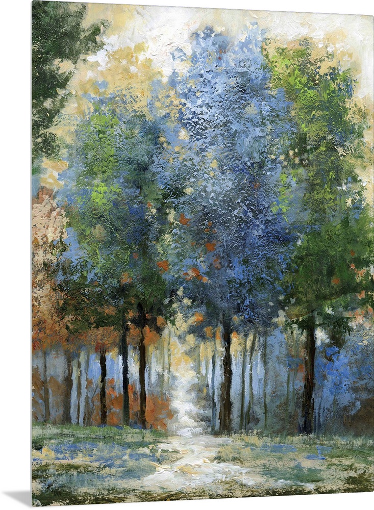 Contemporary artwork of a forest in shades of blue and green with sunlight beaming down.