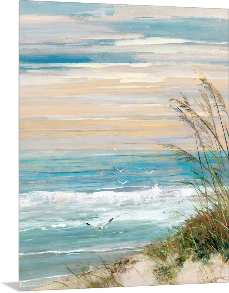 Contemporary painting of a beach scene with crashing ocean waves, beach grass blowing in the wind, flying seabirds, and an...