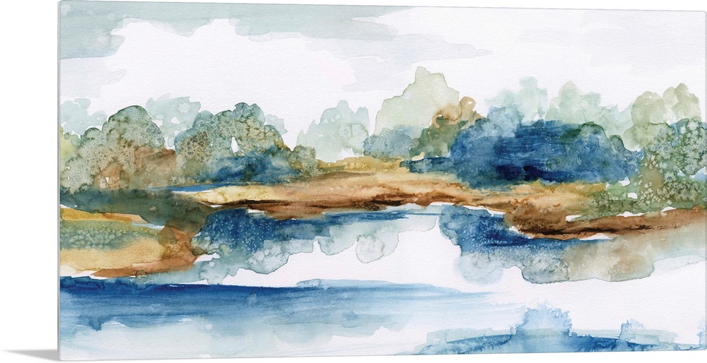 Watercolor landscape painting in cool shades of blue and green.