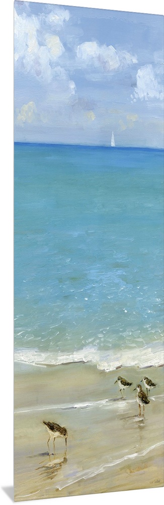 Tall contemporary painting of seabirds on the shore with blue water and a sailboat in the background.