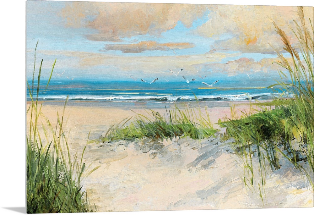 Contemporary painting of a sandy beach with birds flying towards the ocean.