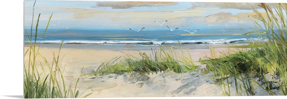 Contemporary landscape painting of grass on a sandy beach at the edge of the ocean.