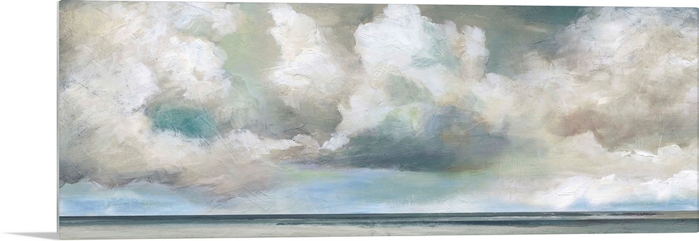 In this contemporary panoramic painting, brisk brush strokes compose white fluffy clouds that drift above a still body of ...