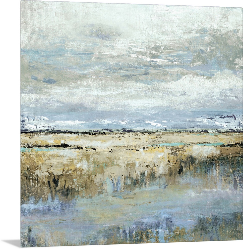 Square abstract painting of a marsh landscape in shades of brown, blue, yellow, and grey.