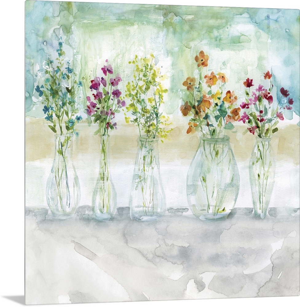 Square watercolor painting of five vases filled with wildflowers.