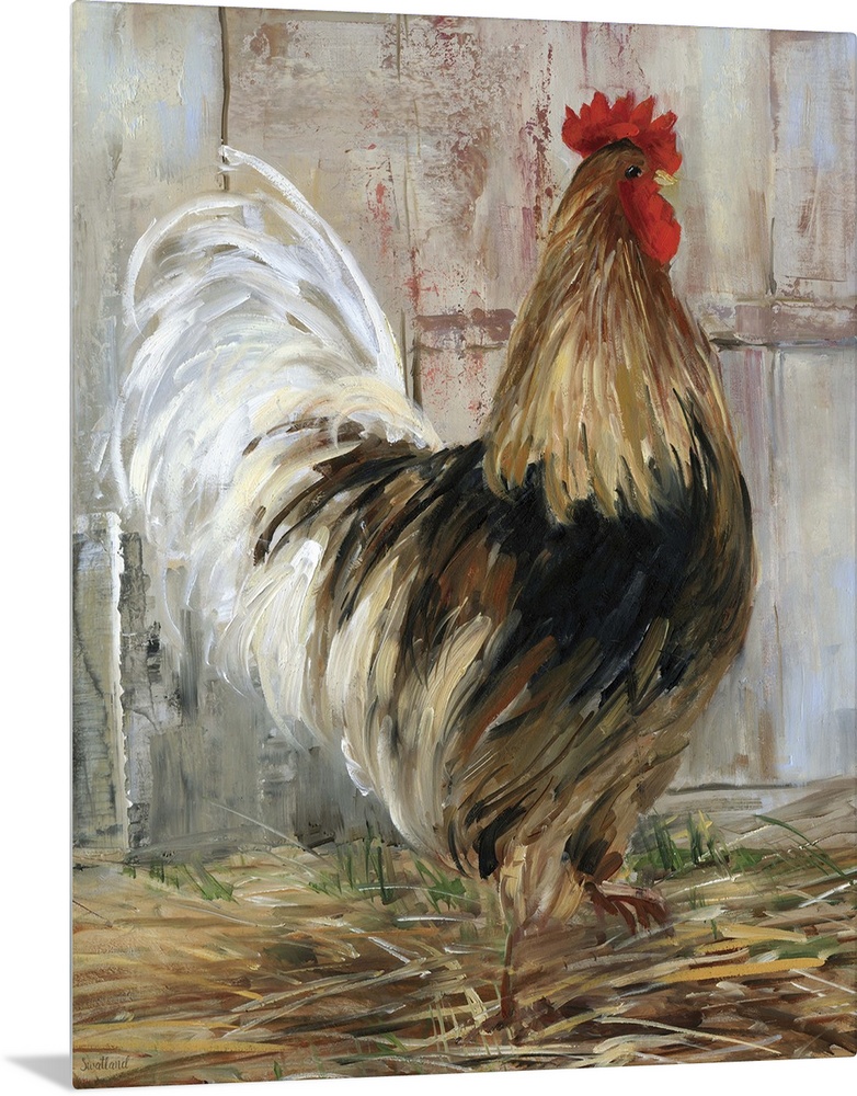 A contemporary painting of a rooster standing outside of a farmhouse.