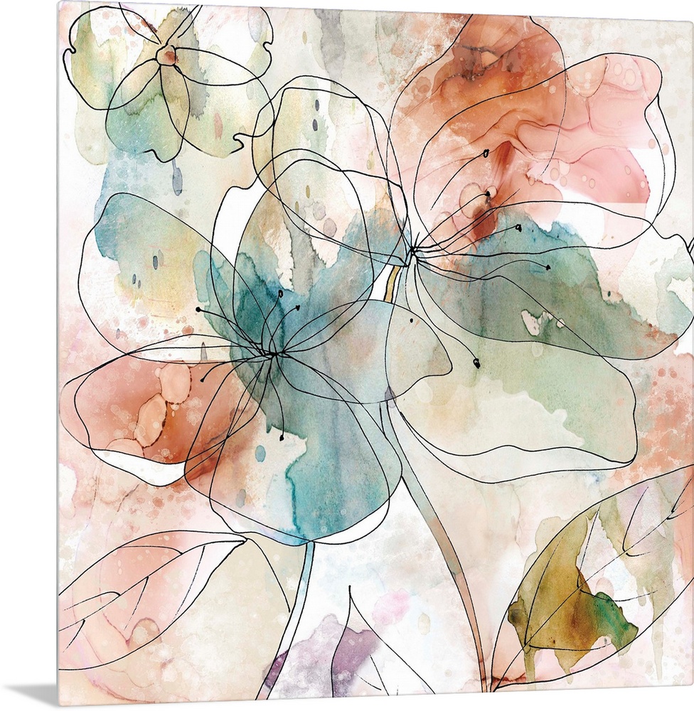Abstract floral decor with black outlines of flowers on a multi-colored watercolor background.