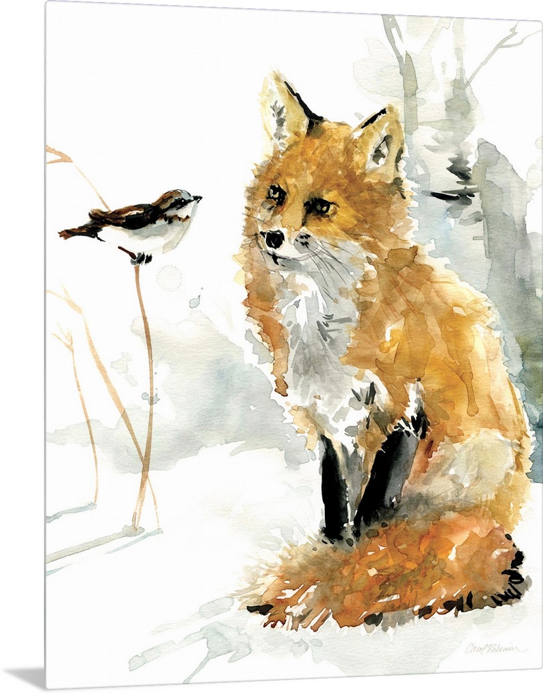 Contemporary watercolor painting of a fox watching a bird perched on a branch.