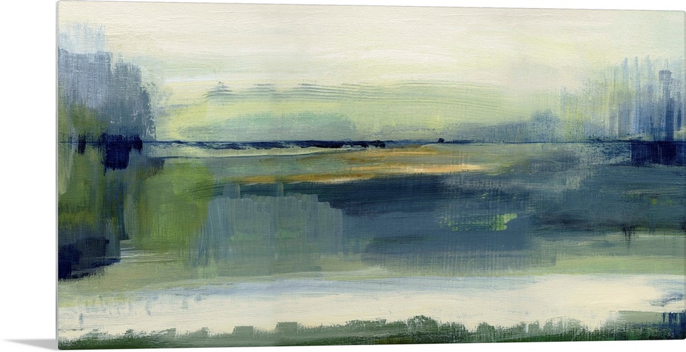 Large contemporary painting of an abstract meadow landscape in shades of blue and green with hints of yellow.