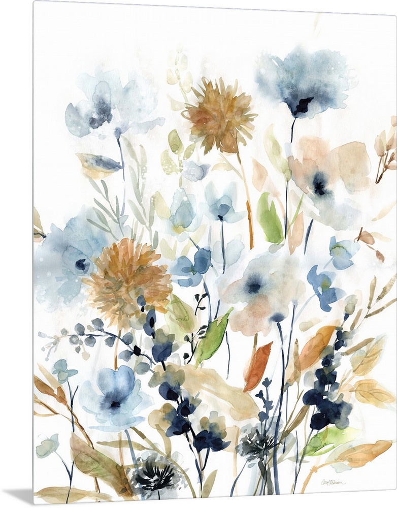 Watercolor painting of wildflowers in earthy colors on a white background.