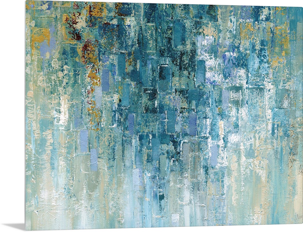 Contemporary abstract art in cool colors with cascading shapes.