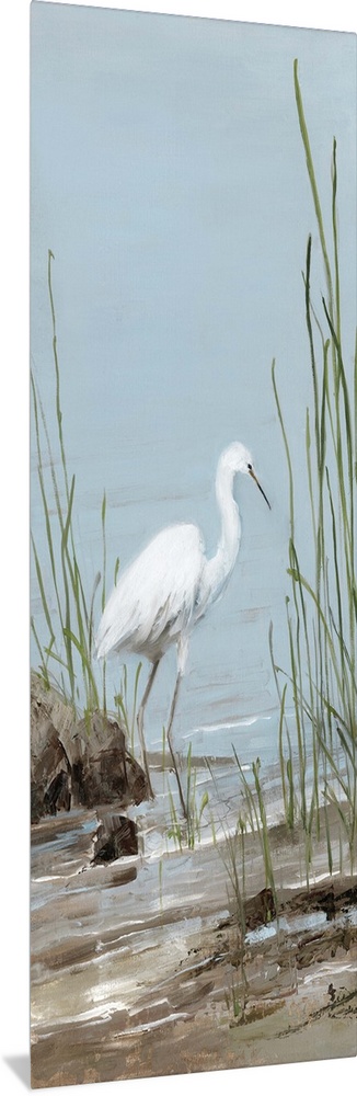 Tall panel painting of an egret on a rocky shore with tall beach grass.