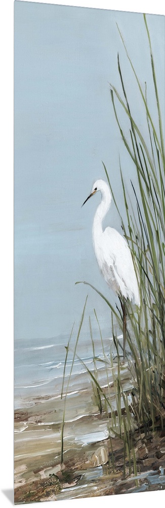 Tall panel painting of an egret walking on the shore with tall beach grass.