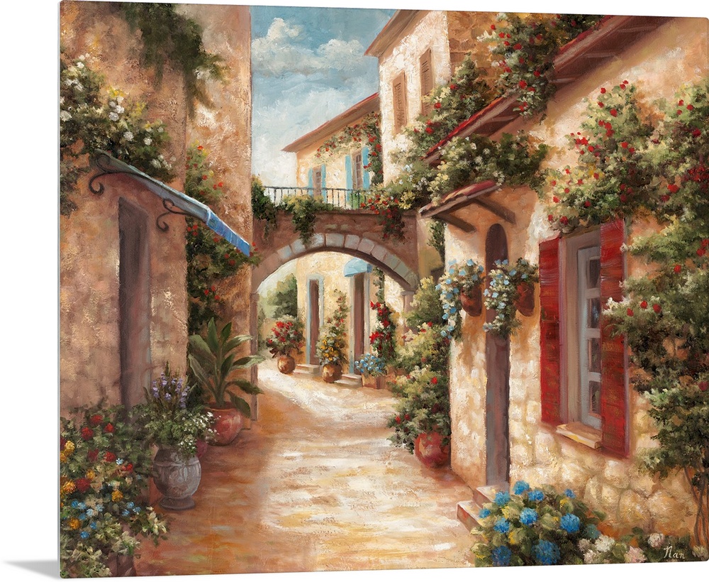 A traditional style painting of a cobblestone alleyway in an Italian village, with doors and windows surrounded by flowers.