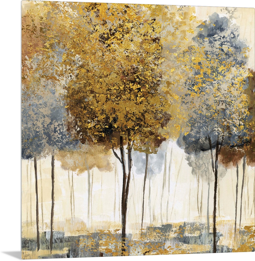 Square decor with metallic gold and silver trees in an abstract forest.